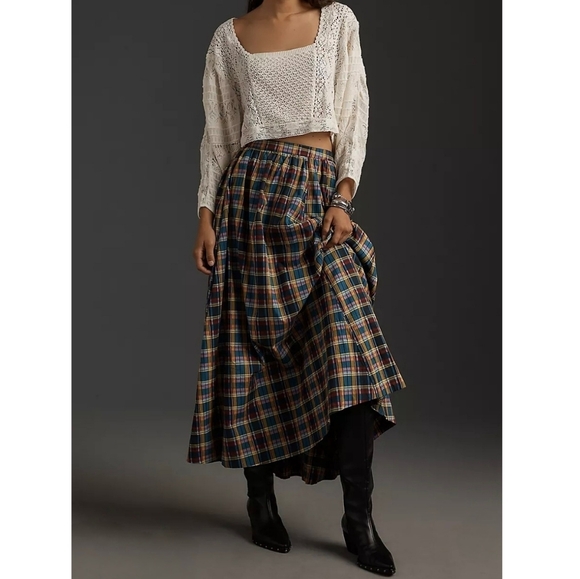 Maeve Anthropologie Jacie Multicolor Plaid Cotton A-Line Midi Skirt Pockets - Picture 2 of 13